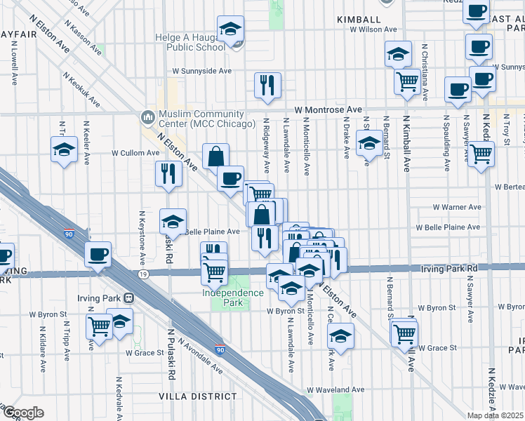 map of restaurants, bars, coffee shops, grocery stores, and more near 4130 North Ridgeway Avenue in Chicago