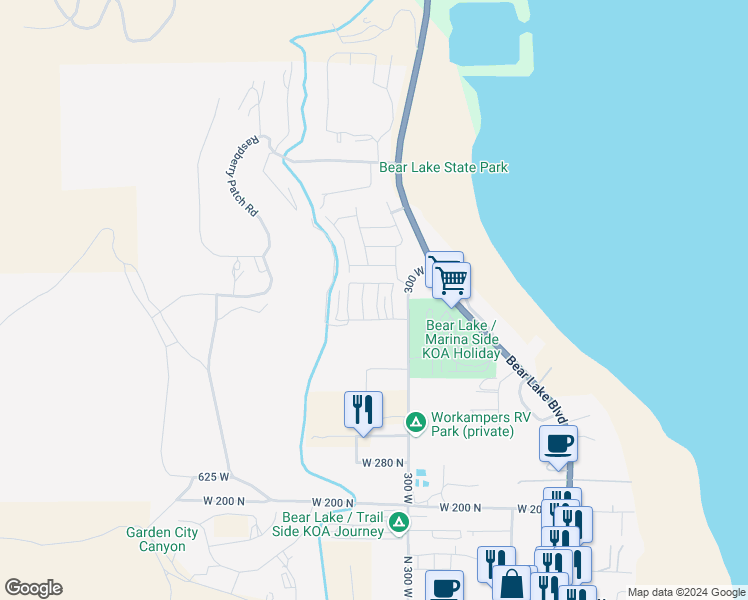 map of restaurants, bars, coffee shops, grocery stores, and more near 559 Blue Lake St in Garden City