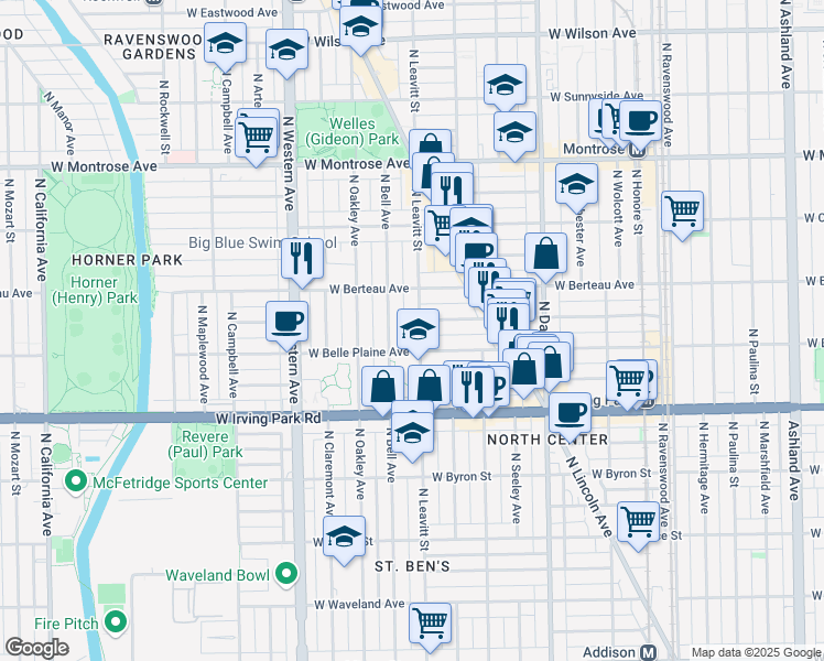 map of restaurants, bars, coffee shops, grocery stores, and more near 4118 North Leavitt Street in Chicago
