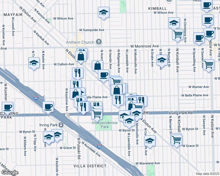 map of restaurants, bars, coffee shops, grocery stores, and more near 4155 North Elston Avenue in Chicago