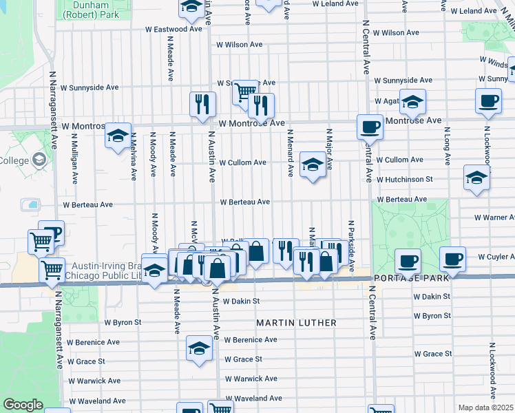 map of restaurants, bars, coffee shops, grocery stores, and more near 4155 North Marmora Avenue in Chicago