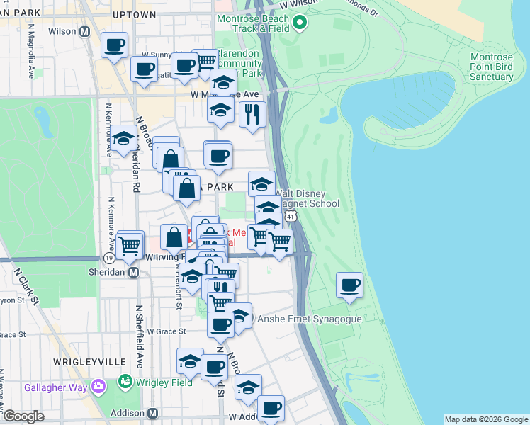 map of restaurants, bars, coffee shops, grocery stores, and more near 4140 North Marine Drive in Chicago