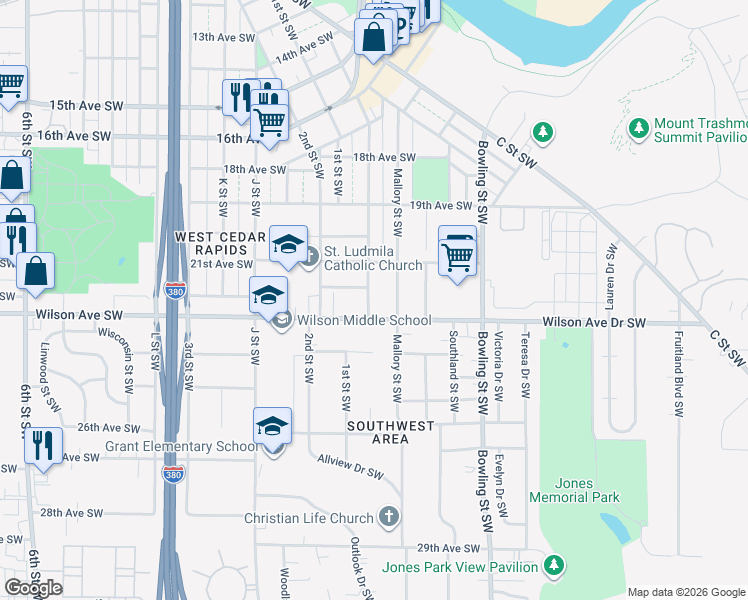 map of restaurants, bars, coffee shops, grocery stores, and more near 2215 Hamilton Street Southwest in Cedar Rapids