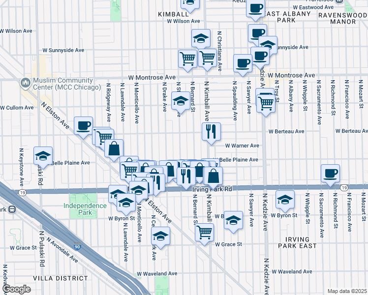 map of restaurants, bars, coffee shops, grocery stores, and more near 4124 North Saint Louis Avenue in Chicago