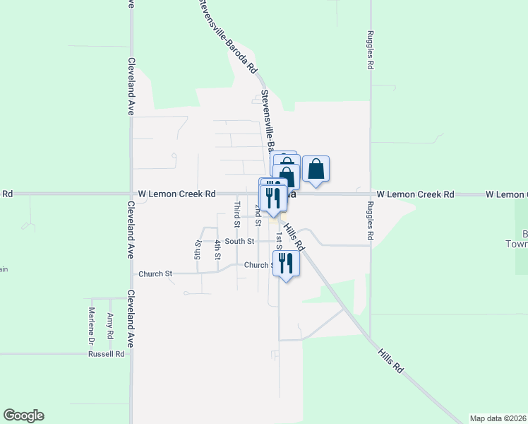 map of restaurants, bars, coffee shops, grocery stores, and more near 8943 2nd Street in Baroda