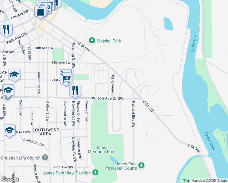 map of restaurants, bars, coffee shops, grocery stores, and more near 2213 Lauren Drive Southwest in Cedar Rapids