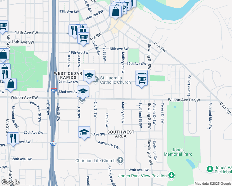 map of restaurants, bars, coffee shops, grocery stores, and more near 2215 Hamilton Street Southwest in Cedar Rapids