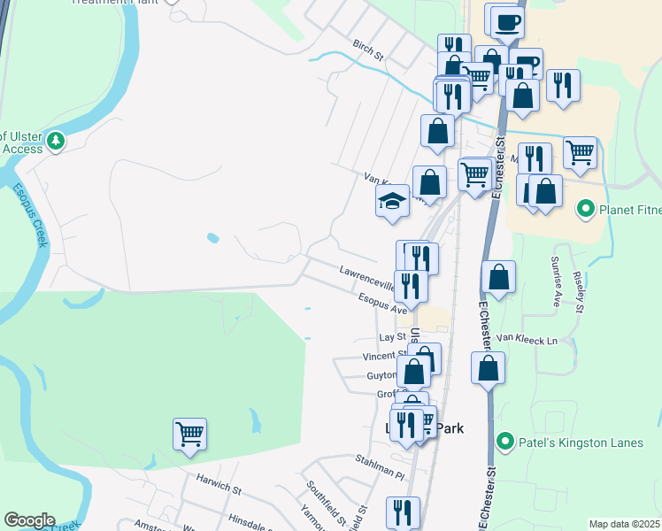 map of restaurants, bars, coffee shops, grocery stores, and more near Lawrenceville Street in Kingston