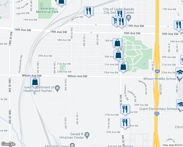 map of restaurants, bars, coffee shops, grocery stores, and more near 927 22nd Avenue Southwest in Cedar Rapids