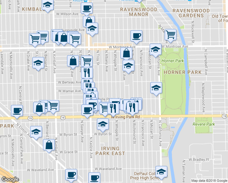 map of restaurants, bars, coffee shops, grocery stores, and more near 4124 North Whipple Street in Chicago