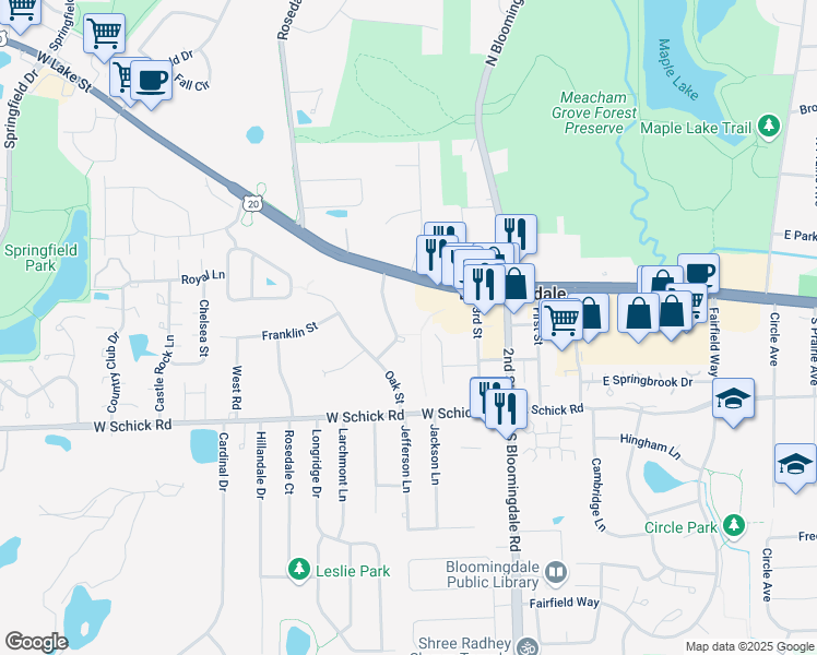 map of restaurants, bars, coffee shops, grocery stores, and more near 123 S Maple Ave in Bloomingdale