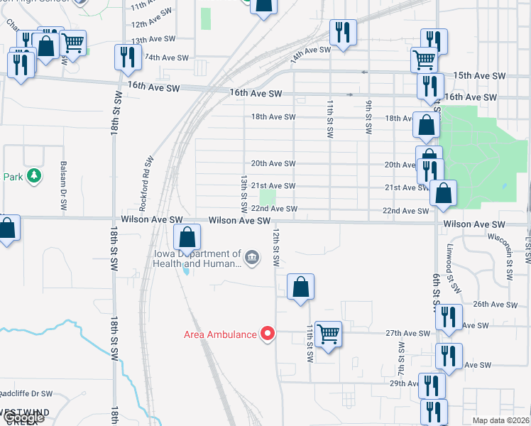 map of restaurants, bars, coffee shops, grocery stores, and more near 1243 22nd Avenue Southwest in Cedar Rapids