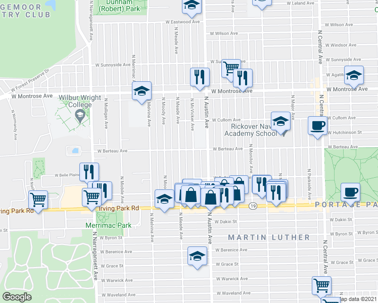 map of restaurants, bars, coffee shops, grocery stores, and more near 4158 North McVicker Avenue in Chicago