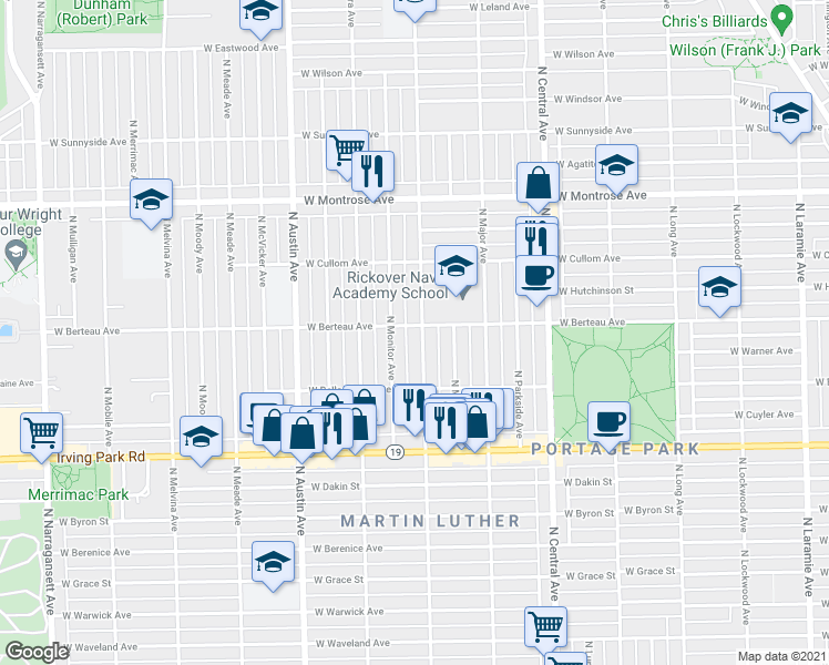 map of restaurants, bars, coffee shops, grocery stores, and more near 4156 North Menard Avenue in Chicago