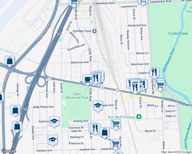 map of restaurants, bars, coffee shops, grocery stores, and more near 4240 Atlantic Avenue in Schiller Park