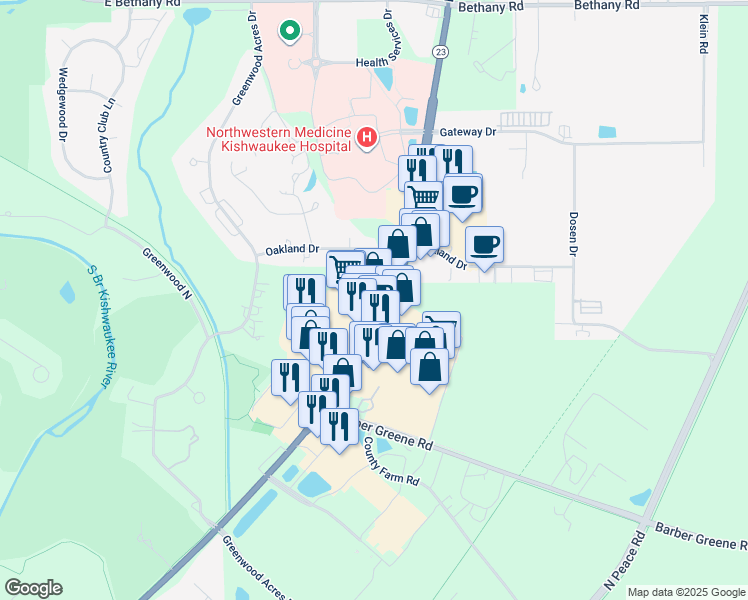 map of restaurants, bars, coffee shops, grocery stores, and more near 2587 Sycamore Road in DeKalb