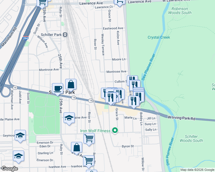 map of restaurants, bars, coffee shops, grocery stores, and more near 4255 Wesley Terrace in Schiller Park