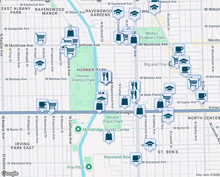 map of restaurants, bars, coffee shops, grocery stores, and more near 4085 North Rockwell Street in Chicago