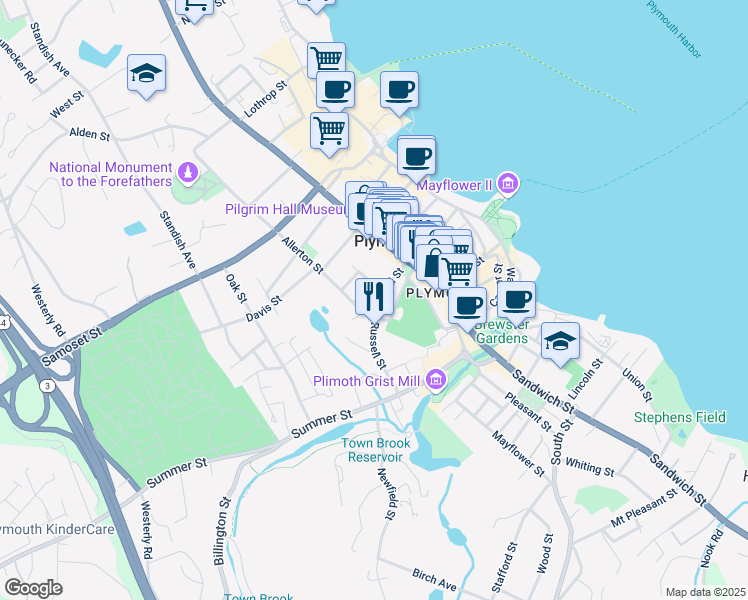 map of restaurants, bars, coffee shops, grocery stores, and more near 29 Russell Street in Plymouth