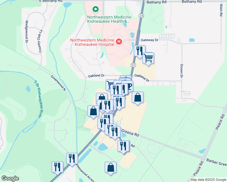 map of restaurants, bars, coffee shops, grocery stores, and more near 2583 Sycamore Road in DeKalb