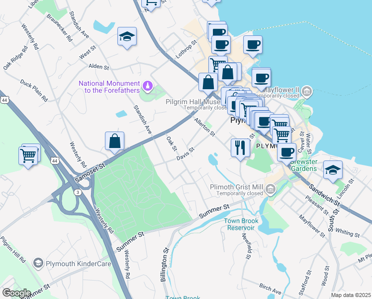 map of restaurants, bars, coffee shops, grocery stores, and more near 11 Highland Place in Plymouth