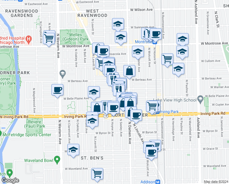 map of restaurants, bars, coffee shops, grocery stores, and more near 4124 North Lincoln Avenue in Chicago
