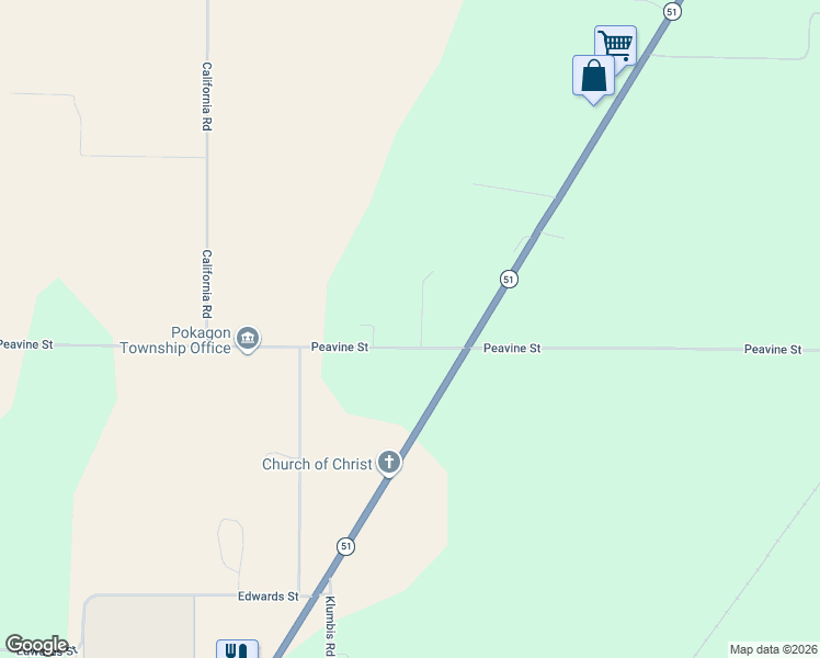 map of restaurants, bars, coffee shops, grocery stores, and more near 30396 Peavine Street in Dowagiac