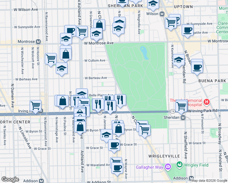 map of restaurants, bars, coffee shops, grocery stores, and more near 4108 North Southport Avenue in Chicago