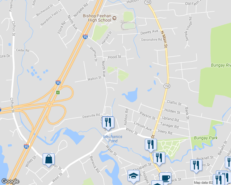 map of restaurants, bars, coffee shops, grocery stores, and more near 37 Paulette Lane in Attleboro