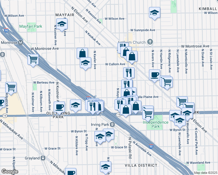 map of restaurants, bars, coffee shops, grocery stores, and more near 4135 North Kedvale Avenue in Chicago
