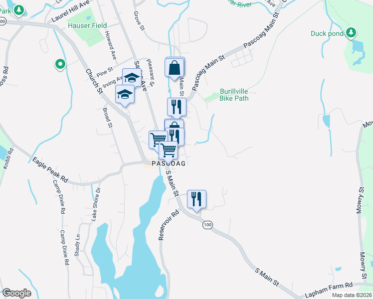 map of restaurants, bars, coffee shops, grocery stores, and more near 43 Nahant Place in Burrillville