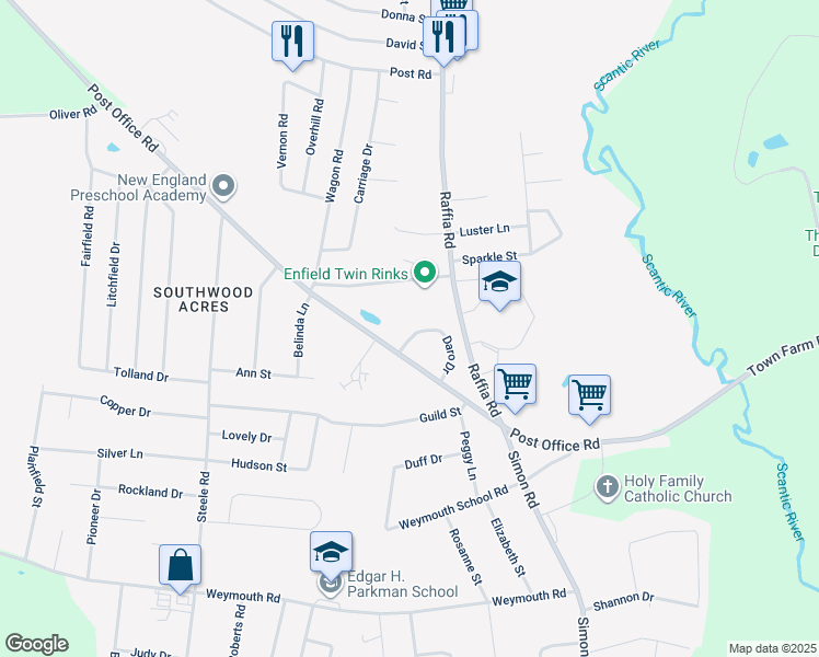 map of restaurants, bars, coffee shops, grocery stores, and more near 75 Daro Drive in Enfield