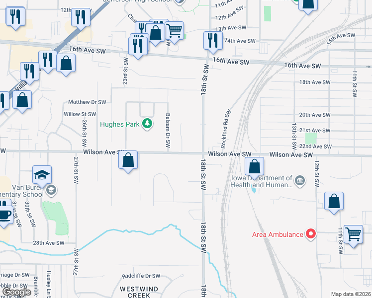 map of restaurants, bars, coffee shops, grocery stores, and more near 2209 Milligan Court Southwest in Cedar Rapids