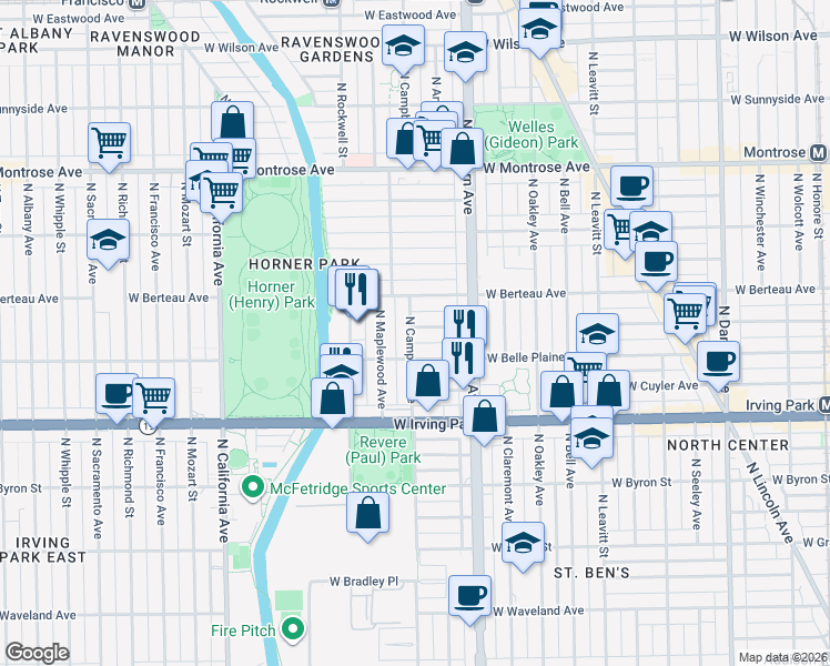 map of restaurants, bars, coffee shops, grocery stores, and more near 4125 North Campbell Avenue in Chicago