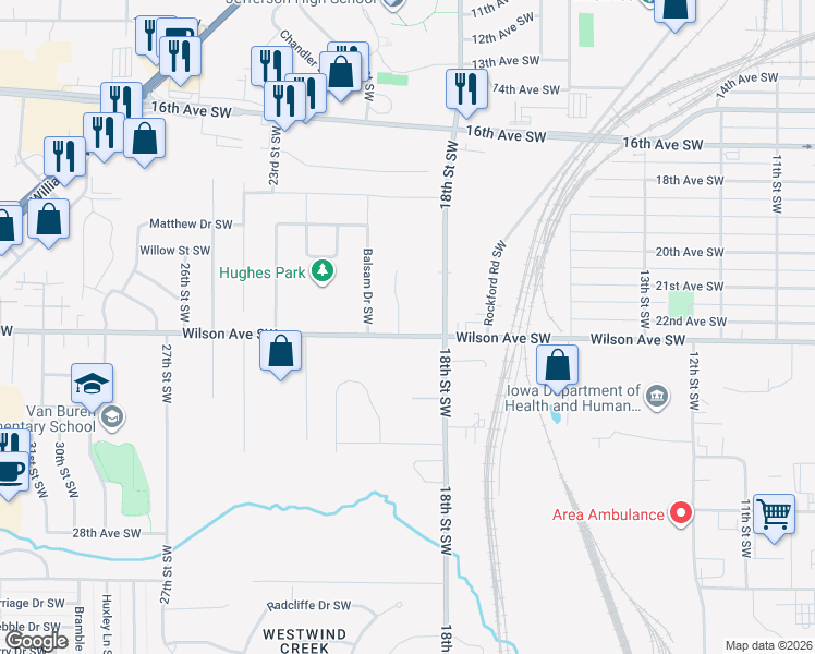 map of restaurants, bars, coffee shops, grocery stores, and more near 2209 Milligan Court Southwest in Cedar Rapids