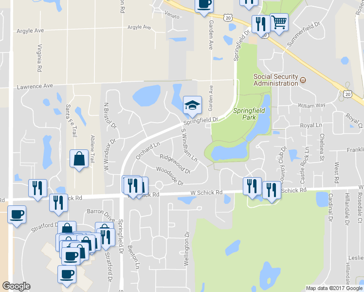 map of restaurants, bars, coffee shops, grocery stores, and more near 114 South Windham Lane in Bloomingdale