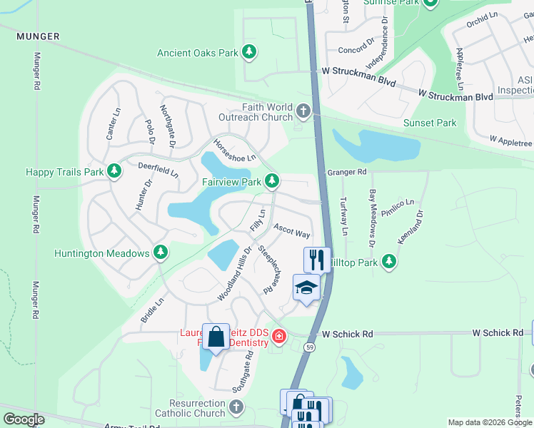 map of restaurants, bars, coffee shops, grocery stores, and more near 1307 Filly Lane in Bartlett