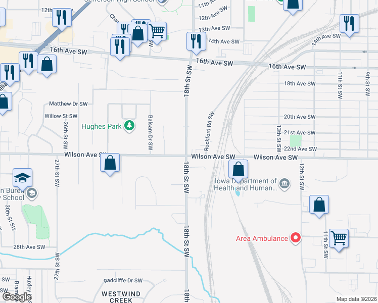map of restaurants, bars, coffee shops, grocery stores, and more near 2129-2299 18th Street Southwest in Cedar Rapids