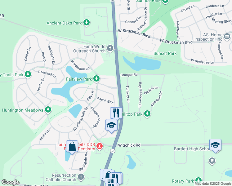map of restaurants, bars, coffee shops, grocery stores, and more near 1120 Fieldstone Lane in Bartlett