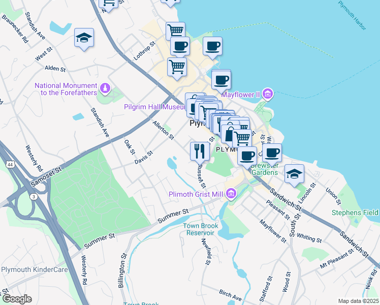 map of restaurants, bars, coffee shops, grocery stores, and more near 29 Russell Street in Plymouth