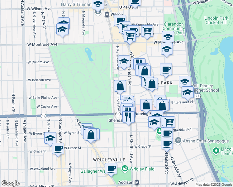 map of restaurants, bars, coffee shops, grocery stores, and more near 4070 North Kenmore Avenue in Chicago