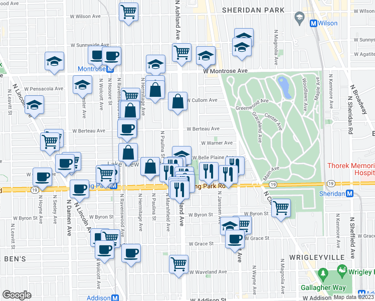 map of restaurants, bars, coffee shops, grocery stores, and more near 4109 North Ashland Avenue in Chicago