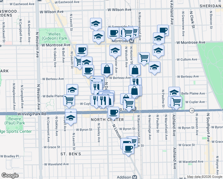 map of restaurants, bars, coffee shops, grocery stores, and more near 1941 West Warner Avenue in Chicago