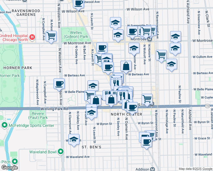 map of restaurants, bars, coffee shops, grocery stores, and more near 4118 North Lincoln Avenue in Chicago