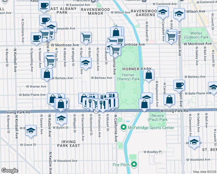map of restaurants, bars, coffee shops, grocery stores, and more near 4121 North Mozart Street in Chicago