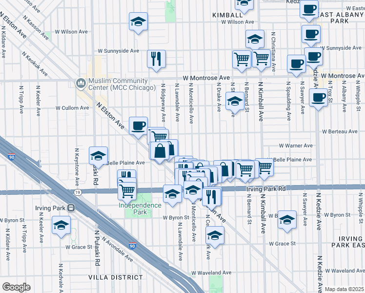 map of restaurants, bars, coffee shops, grocery stores, and more near 4129 North Lawndale Avenue in Chicago