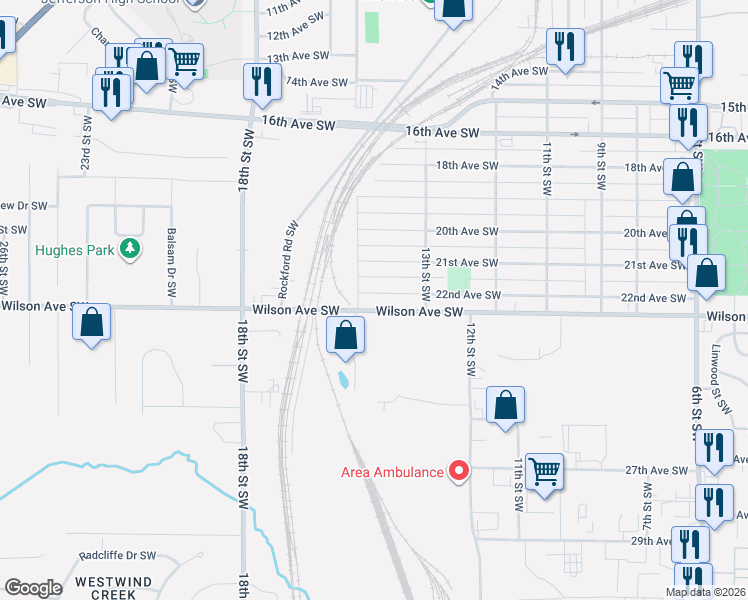 map of restaurants, bars, coffee shops, grocery stores, and more near 1344 Wilson Avenue Southwest in Cedar Rapids