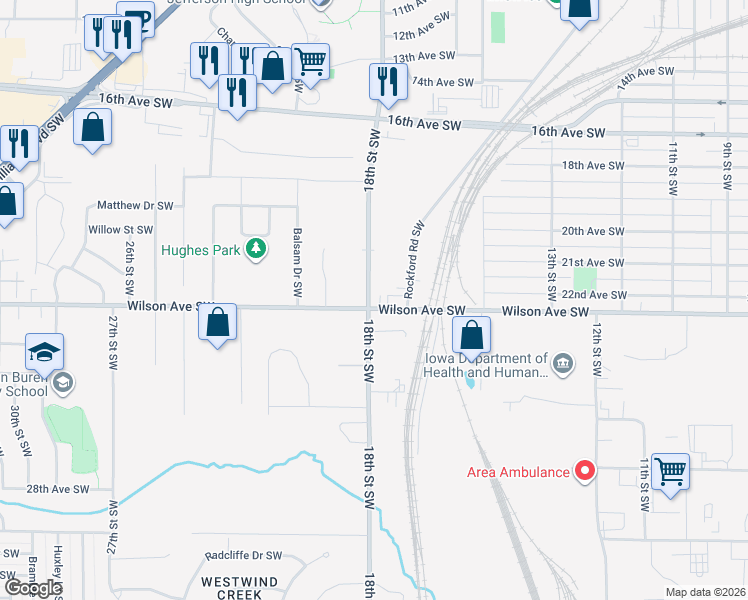 map of restaurants, bars, coffee shops, grocery stores, and more near 2129-2299 18th Street Southwest in Cedar Rapids