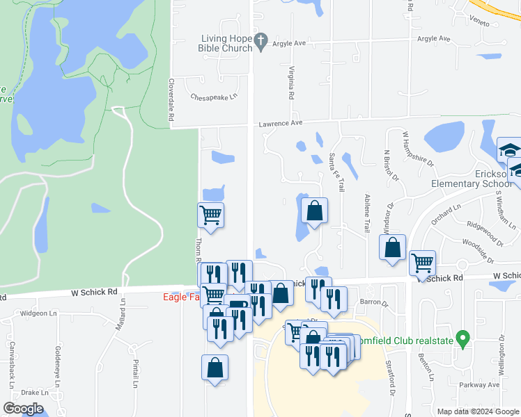 map of restaurants, bars, coffee shops, grocery stores, and more near 304 Glenwood Drive in Bloomingdale