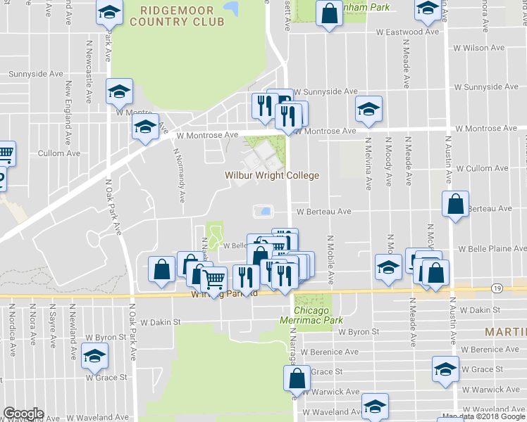map of restaurants, bars, coffee shops, grocery stores, and more near 4200 North Natchez Avenue in Chicago